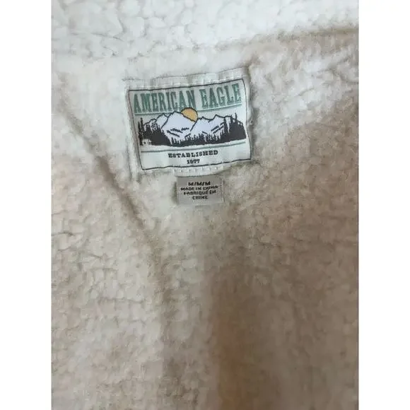 AE American Eagle Sherpa Lined Denim Jacket M oversized Cropped Trucker Preppy - Picture 4 of 8